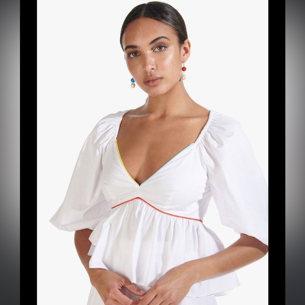 NWT Staud Dani White Peplum Balloon Sleeve White Top Blouse Size 4 Small
